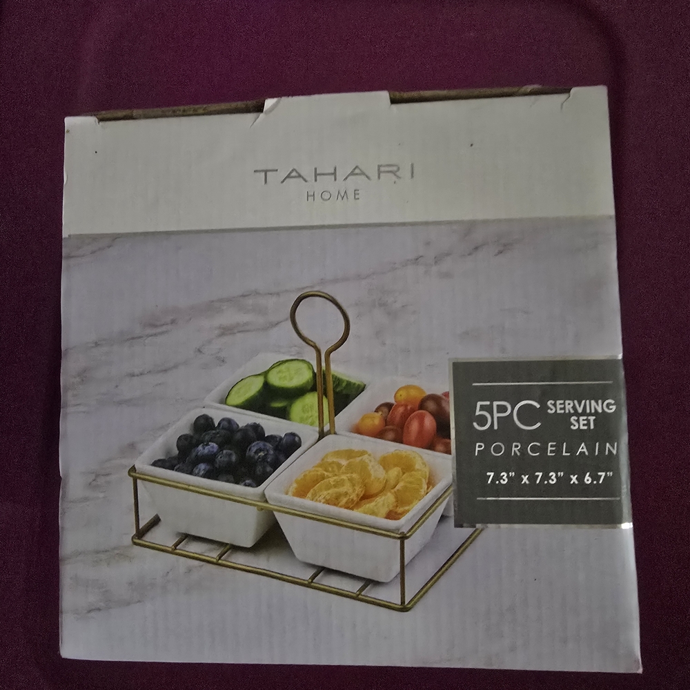 Tahari Home White Porcelain Dish Set with Gold Rack